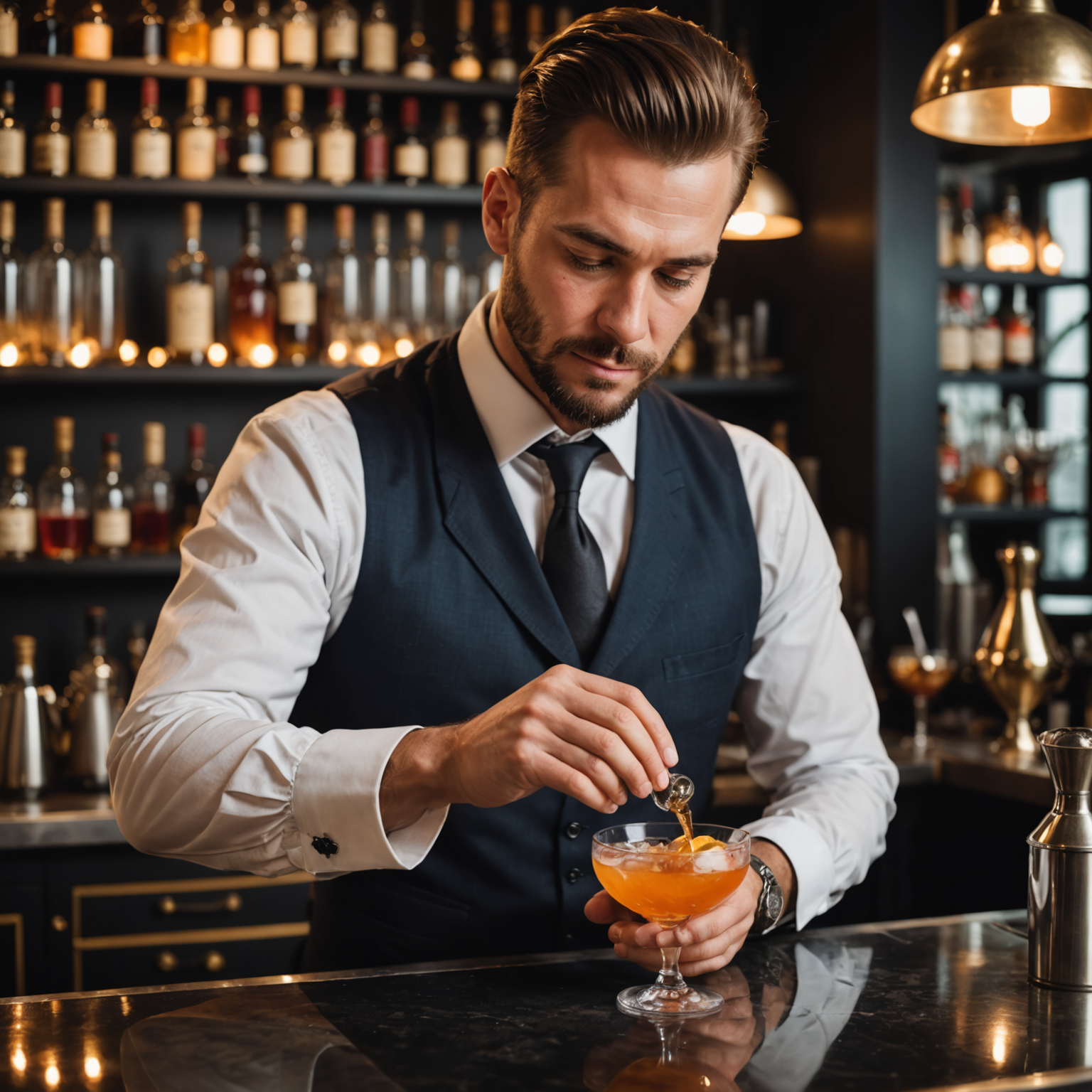 Professional mixologist in elegant uniform crafting signature cocktail at luxury bar, focused on precision pouring technique with premium spirits and fresh ingredients