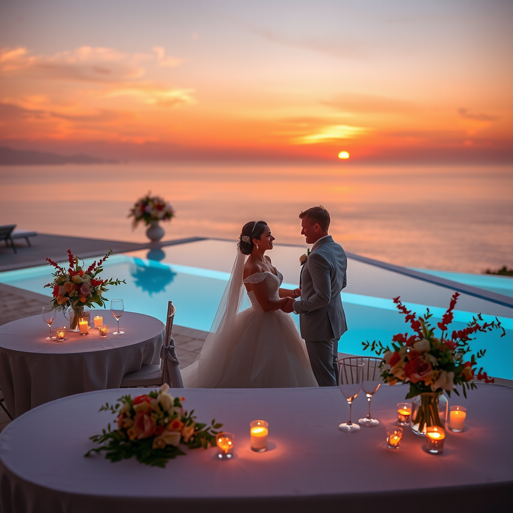 Romantic intimate wedding reception at sunset with decorated tables, floral arrangements, and couple celebrating by infinity pool