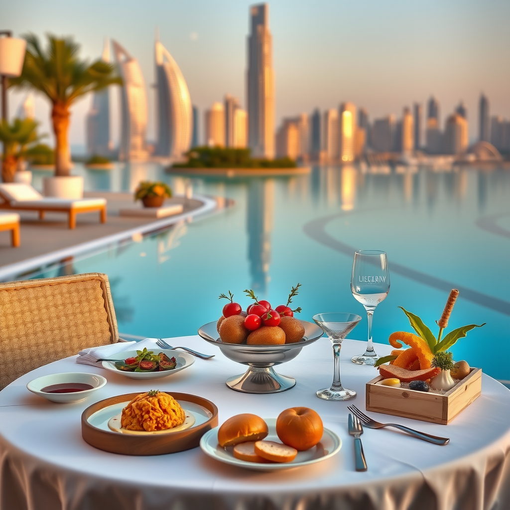 Luxury poolside dining setup with elegant table settings, gourmet food presentation, infinity pool and Dubai skyline in background, golden hour lighting