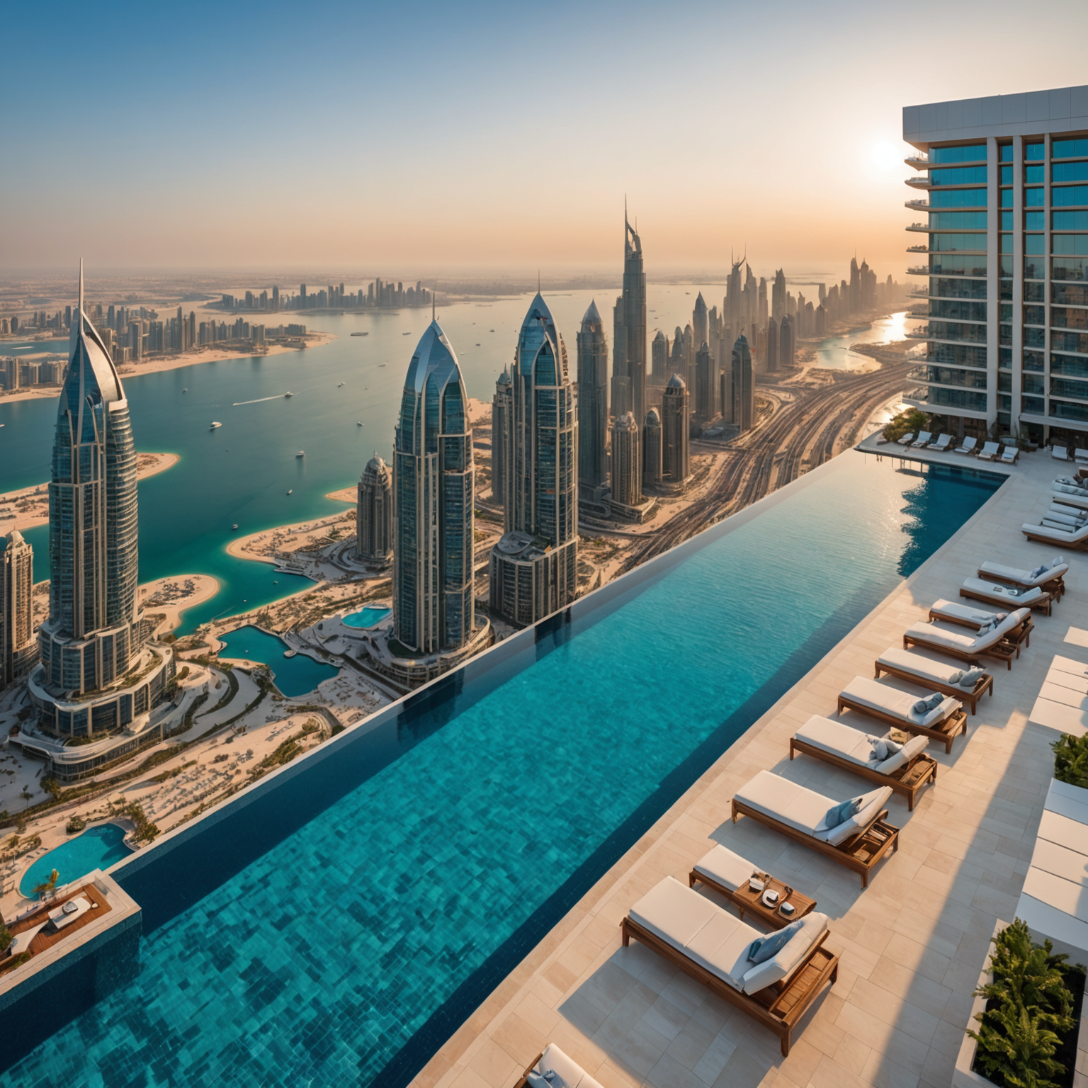 Stunning aerial view of Aura Sky Pool infinity pool on Palm Tower rooftop with panoramic views of Palm Jumeirah, Dubai Marina skyline, and the Arabian Gulf at sunset, featuring luxurious poolside loungers and elegant modern architecture