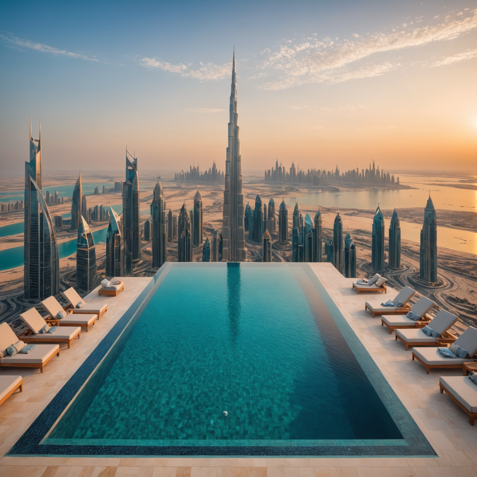 Stunning aerial view of Aura Sky Pool infinity pool on Palm Tower with panoramic Dubai skyline, Arabian Gulf waters, and luxurious poolside loungers at sunset