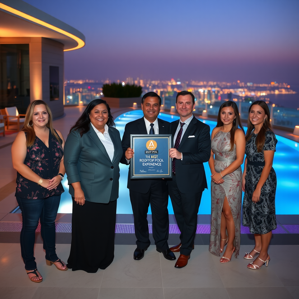 Aura Sky Pool management team receiving the Best Rooftop Pool Experience award at the Middle East Hospitality Awards ceremony, with the iconic 360-degree infinity pool and Dubai skyline visible in the background, elegant evening lighting, luxury hospitality event setting
