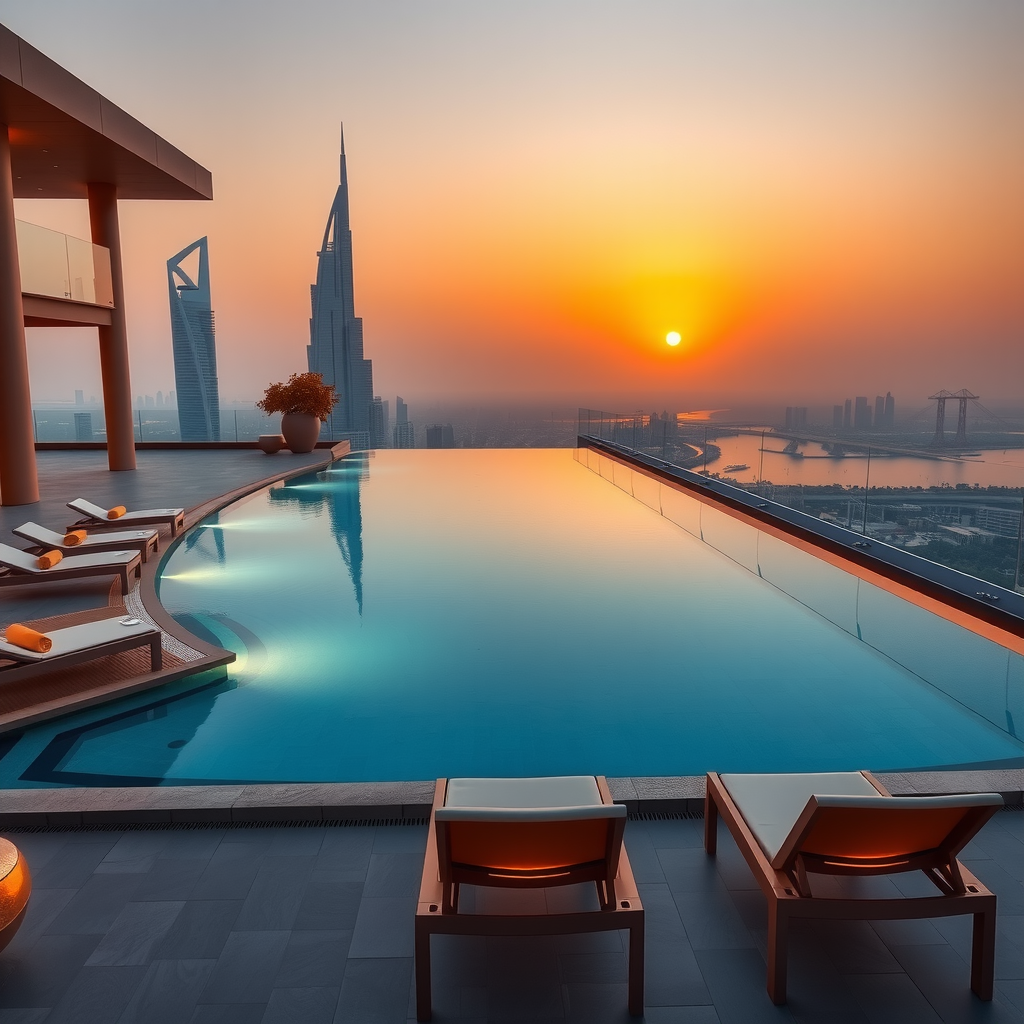 Aura Sky Pool infinity pool at golden hour with Dubai skyline in background, warm sunset lighting reflecting on water surface, luxury loungers arranged around the pool edge, sophisticated ambiance with champagne gold accents