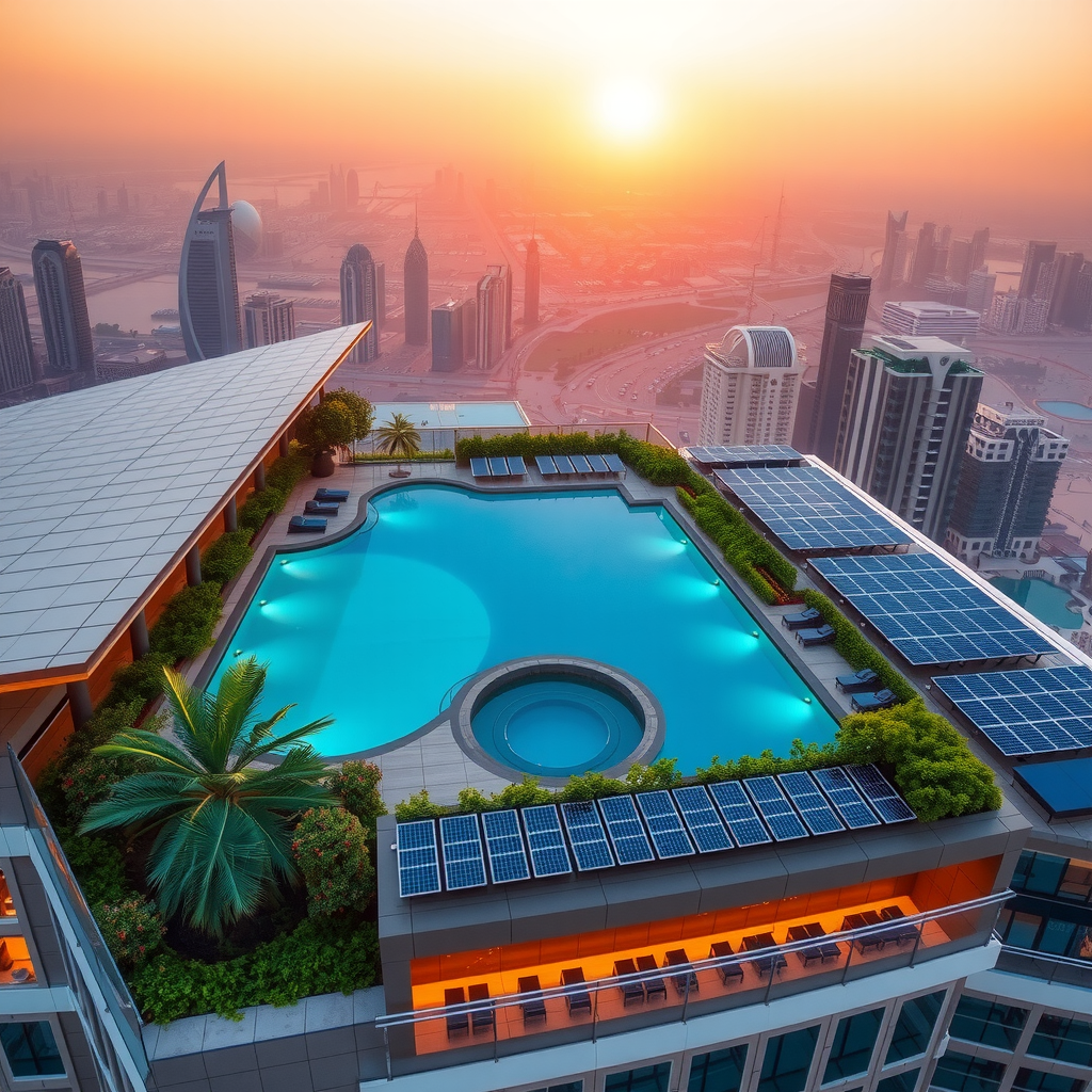 Aerial view of Aura Sky Pool Dubai with solar panels integrated into the rooftop design, showcasing the infinity pool surrounded by lush greenery and sustainable architecture against the Dubai skyline at sunset