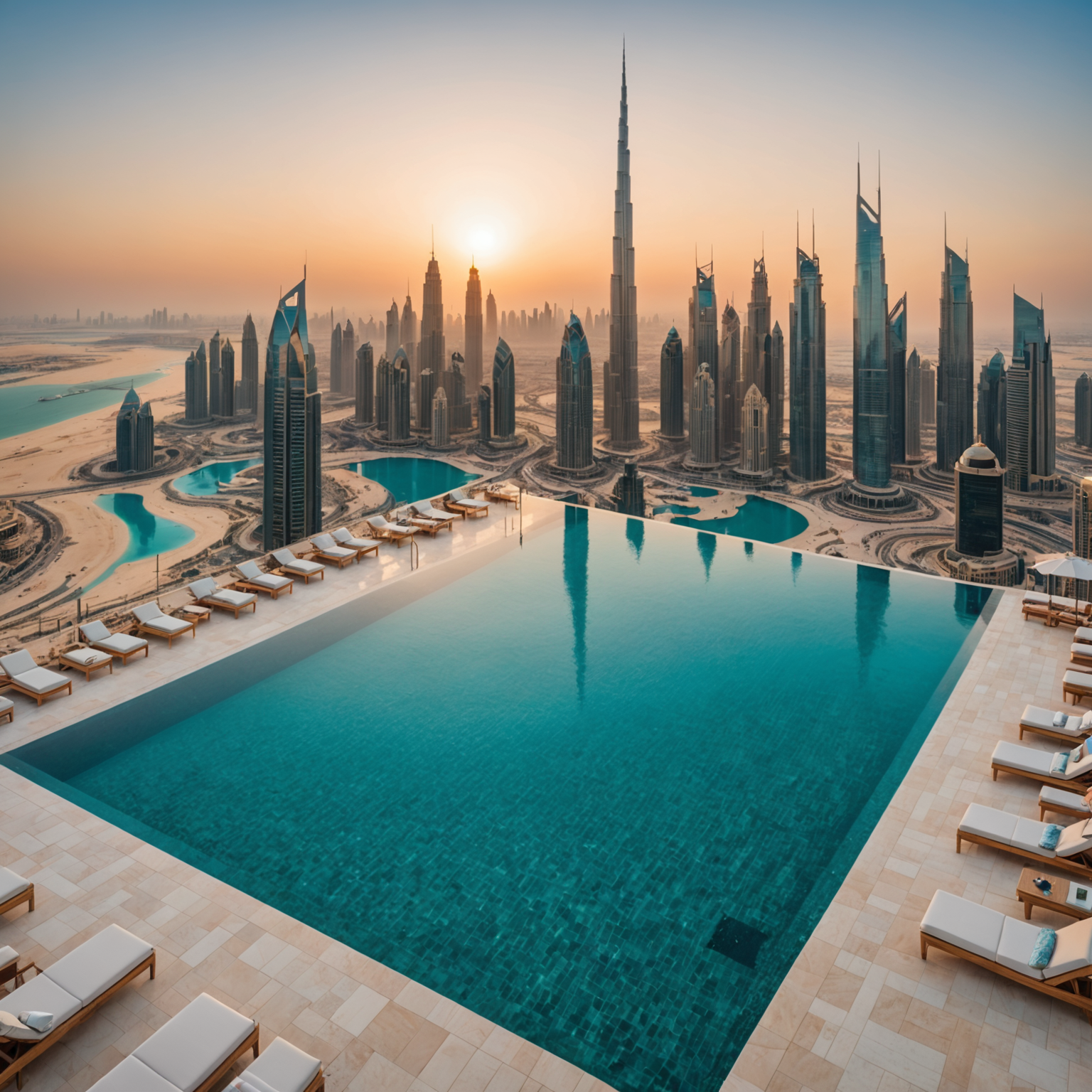 Stunning aerial view of Aura Sky Pool's 360-degree infinity pool with crystal clear turquoise water, luxury sun loungers arranged around the pool edge, Dubai skyline in background, golden hour lighting, premium day pass experience