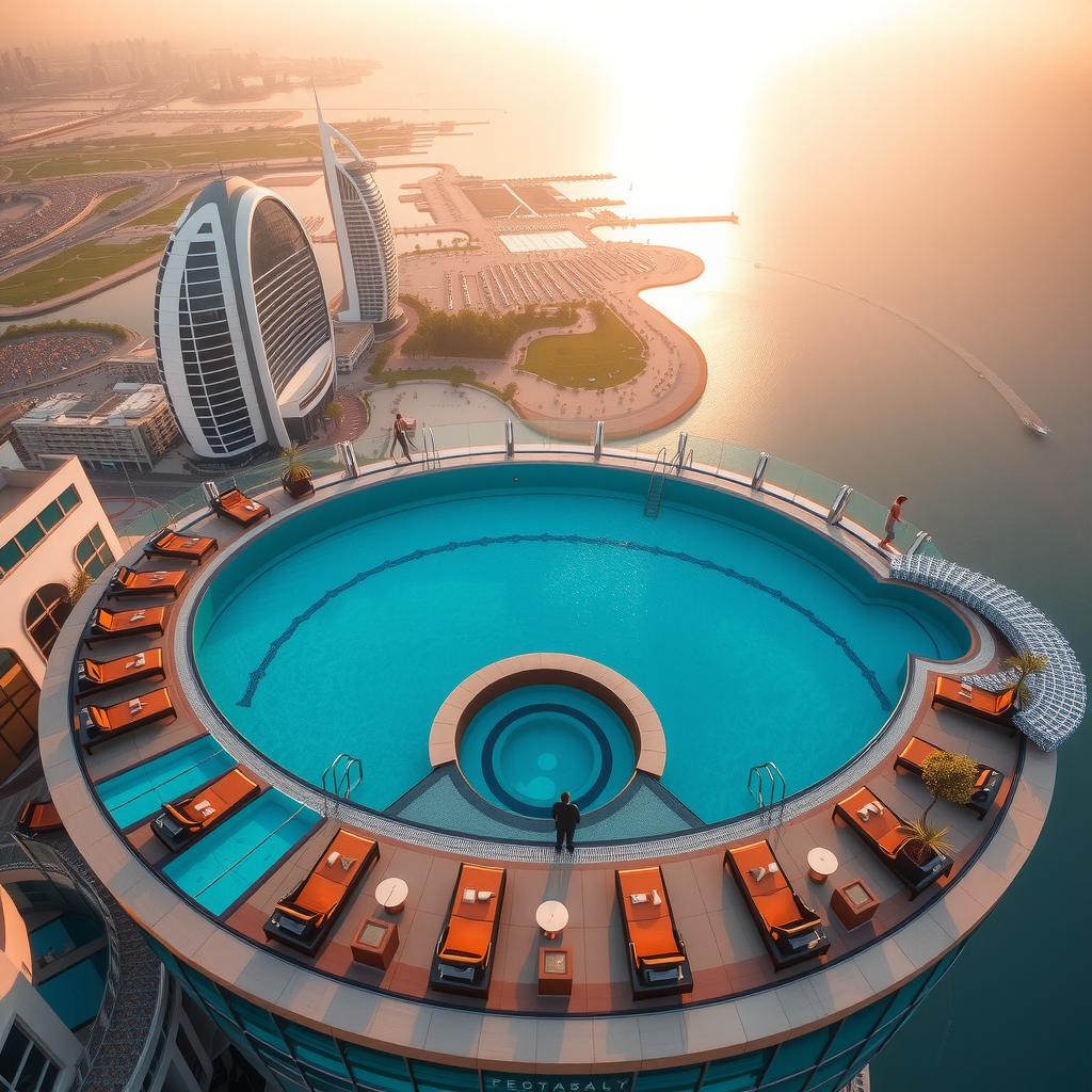 Breathtaking aerial view of Aura Sky Pool's 360-degree infinity pool with crystal-clear turquoise water, luxury sun loungers, and panoramic views of Dubai's iconic skyline and the shimmering Arabian Gulf at golden hour