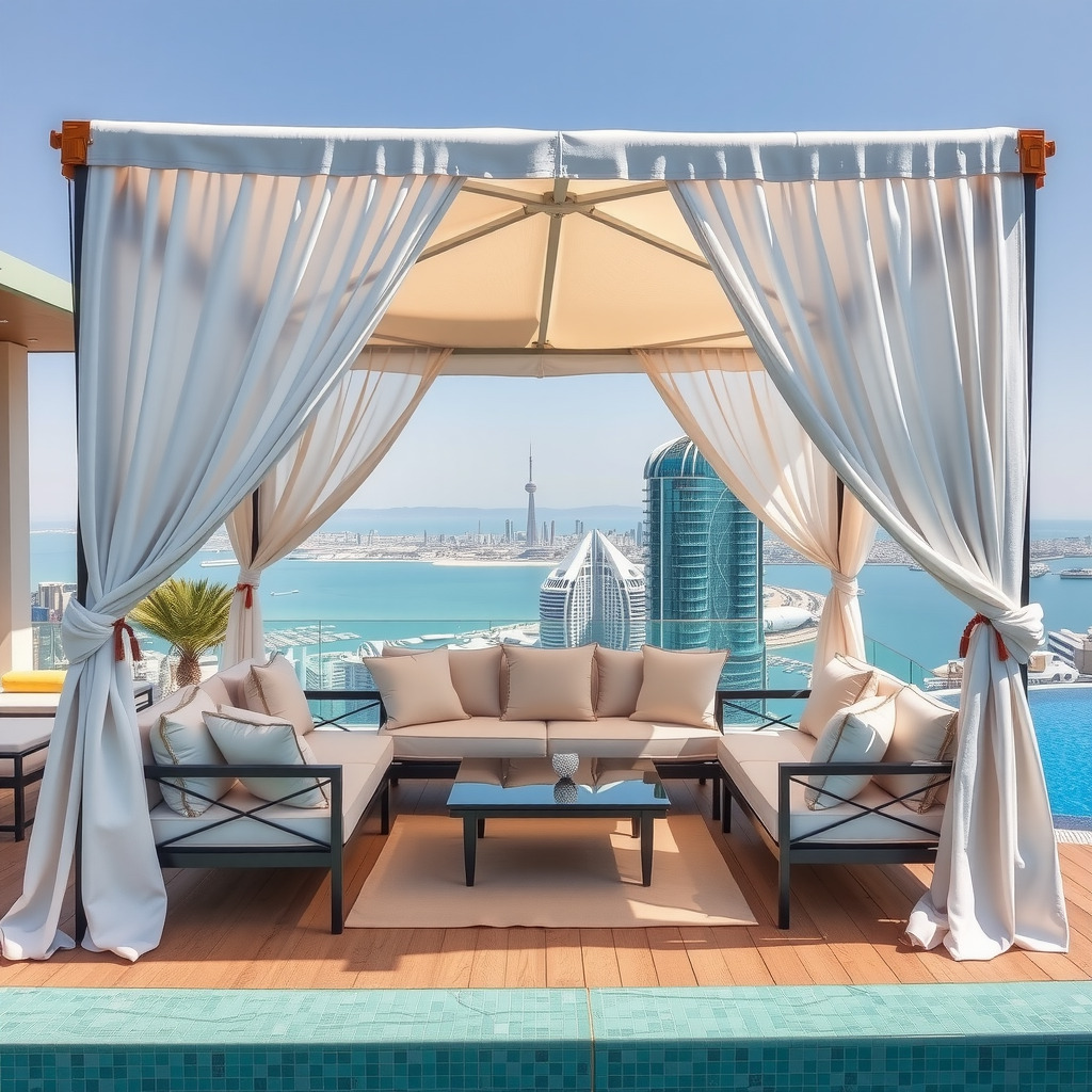 Luxurious private cabana at Aura Sky Pool with premium seating, elegant white drapes, plush cushions, and stunning Dubai skyline views through floor-to-ceiling glass panels