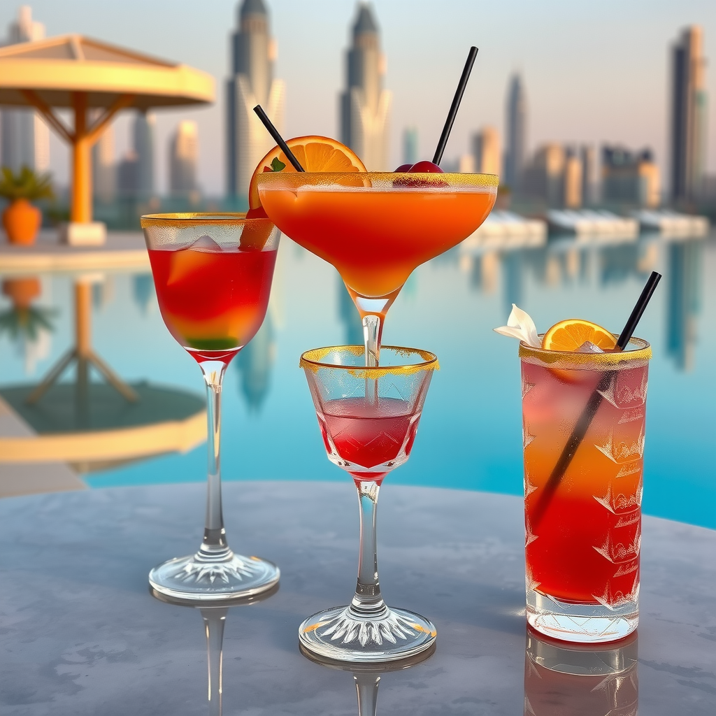 Elegant signature cocktails served poolside at Aura Sky Pool with Dubai skyline in background at golden hour, featuring colorful layered drinks in crystal glasses with gold rim accents and fresh garnishes