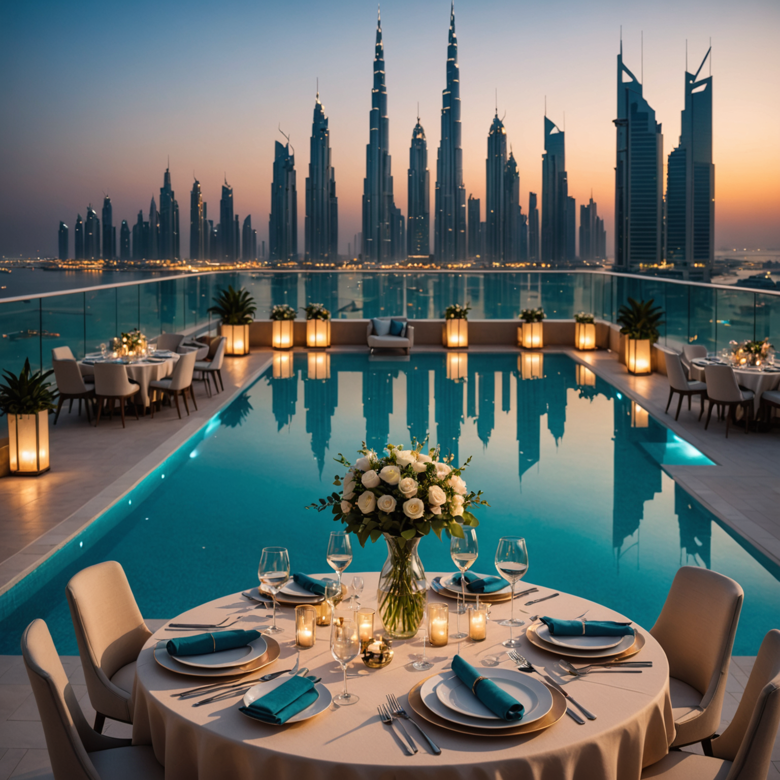 Elegant event setup at Aura Sky Pool featuring decorated tables, ambient lighting, and panoramic Dubai skyline views at sunset