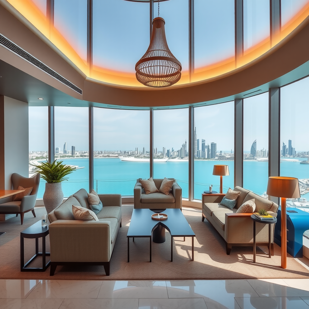 Luxurious member lounge area at Aura Sky Pool with comfortable seating, elegant decor, and stunning panoramic views of Dubai skyline through floor-to-ceiling windows