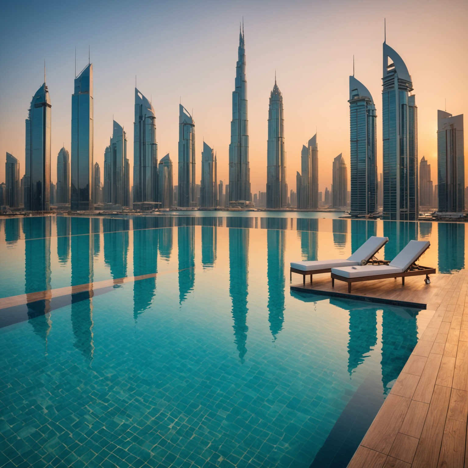 Luxurious infinity pool deck at Aura Sky Pool with elegant loungers, crystal-clear turquoise water, golden sunset reflections, and Dubai Marina skyline in background