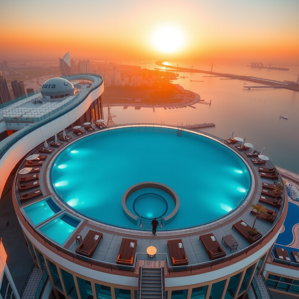 Stunning aerial view of Aura Sky Pool's 360-degree infinity swimming pool at sunset, crystal clear turquoise water reflecting golden hour light, panoramic views of Dubai skyline and Arabian Gulf, luxurious poolside loungers and cabanas, modern architectural design