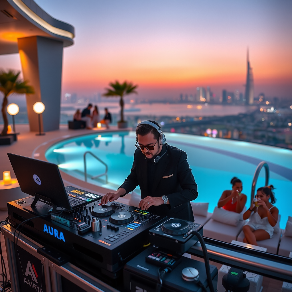 Professional DJ performing at Aura Sky Pool during sunset session, modern DJ equipment setup with Dubai skyline visible in background, ambient lighting creating sophisticated atmosphere, guests enjoying cocktails around the infinity pool