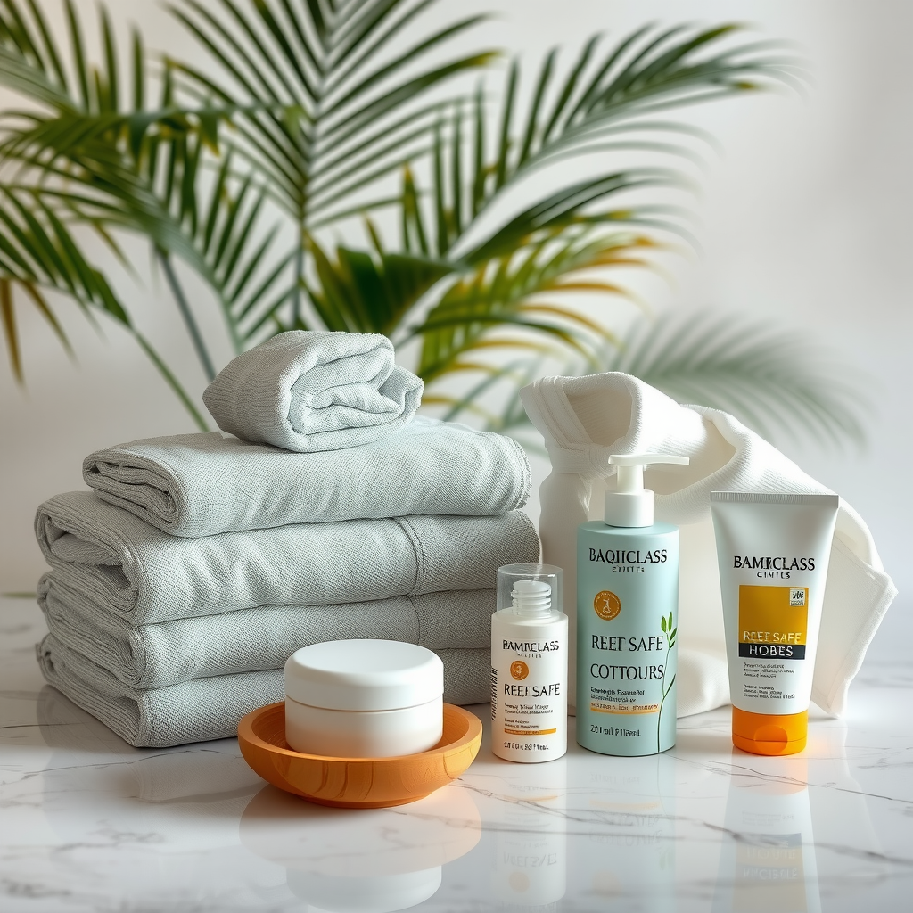 Elegant display of biodegradable luxury amenities including bamboo towels, organic cotton robes, and reef-safe sunscreen products arranged on a marble surface with tropical plants in the background