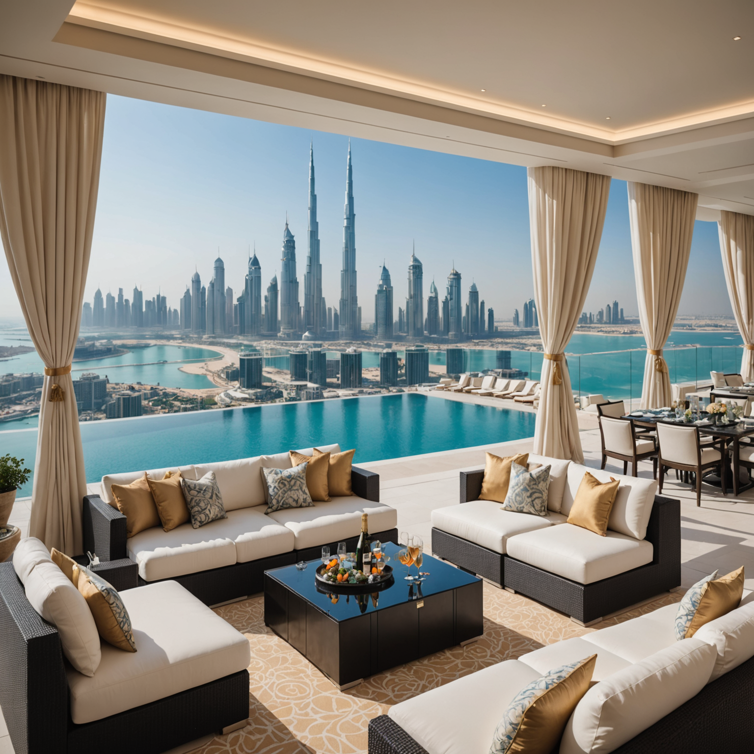 Exclusive private cabana at Aura Sky Pool with white curtains, plush seating for six guests, dedicated waiter service setup, champagne bucket, premium minibar, shade coverage, overlooking infinity pool and Dubai skyline