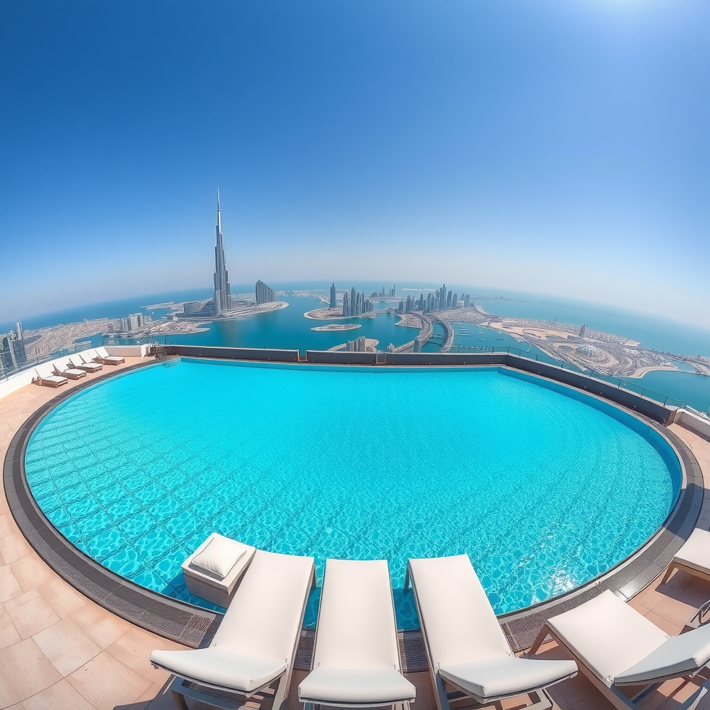 Spectacular wide-angle view of Aura Sky Pool's 360-degree infinity swimming pool with crystal-clear turquoise water seamlessly blending with the horizon, luxury white sun loungers arranged along the pool edge, and breathtaking panoramic views of Dubai's modern skyline including Burj Khalifa and the sparkling Arabian Gulf waters under a perfect blue sky