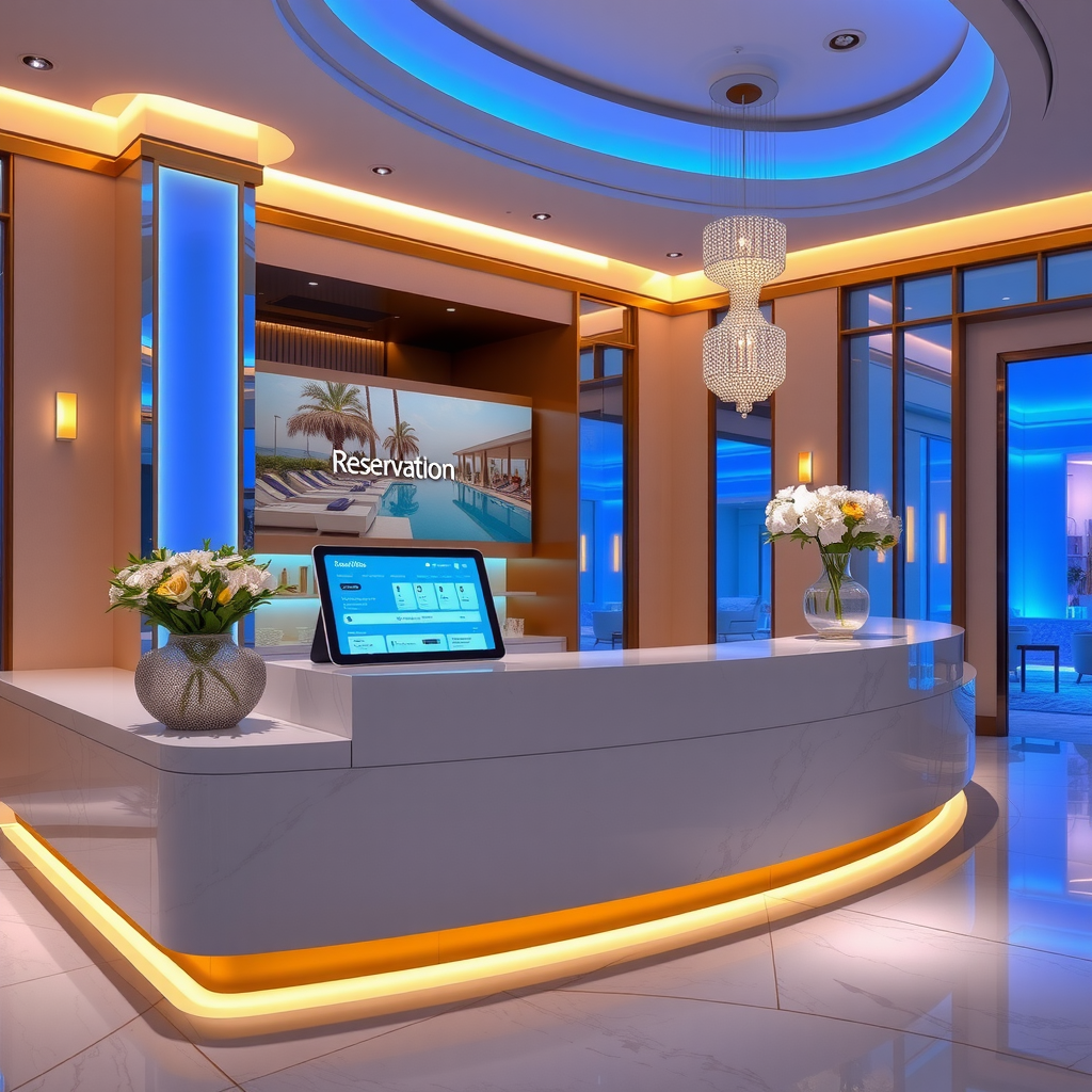 Elegant reservation desk at Aura Sky Pool with modern tablet interface showing cabana booking system, luxury interior design with gold accents and blue lighting