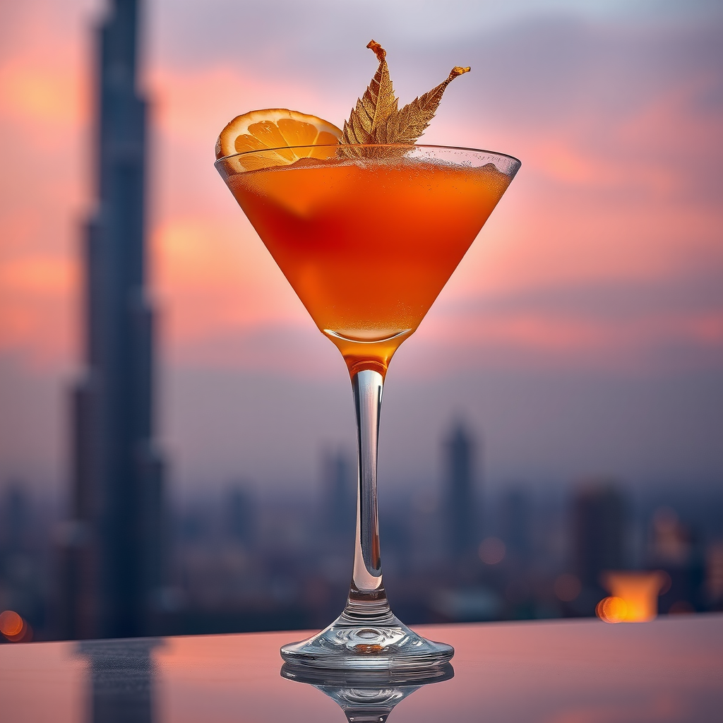 Burj Khalifa Sunset cocktail - layered orange and gold drink in tall glass with edible gold leaf garnish and fresh citrus, photographed against twilight sky