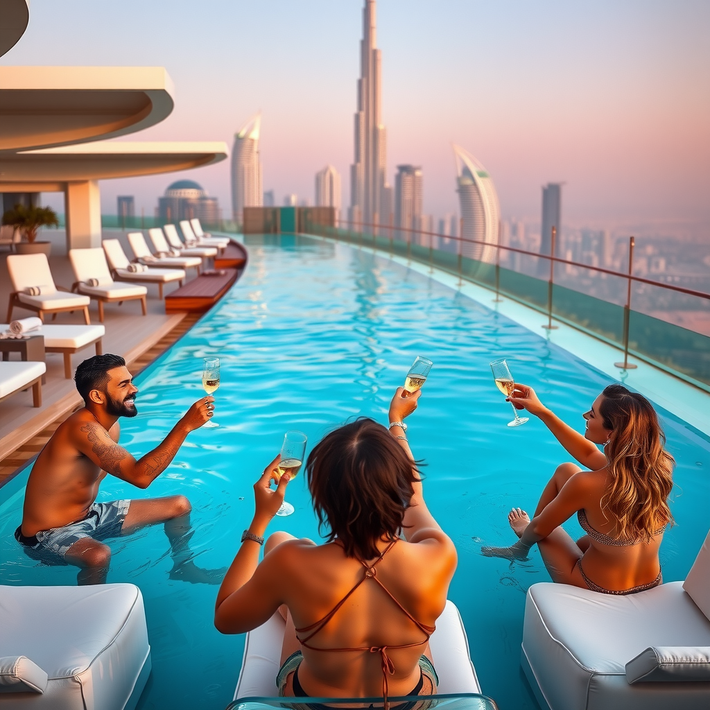 Group of friends celebrating at Aura Sky Pool infinity swimming pool with champagne, luxury cabanas, and stunning Dubai skyline in background