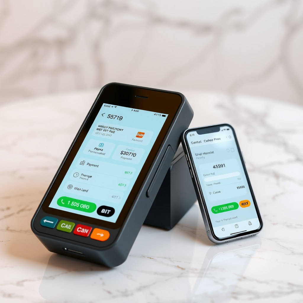 Modern payment terminal and mobile payment options displayed on elegant marble surface with soft lighting, representing flexible membership payment plans