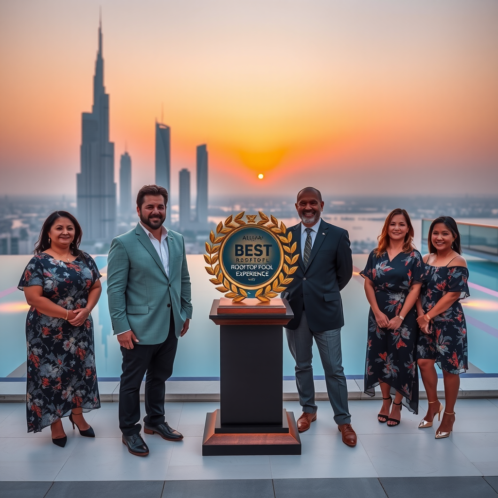 Award ceremony at Aura Sky Pool featuring the Best Rooftop Pool Experience trophy with management team and judges against Dubai skyline backdrop at sunset
