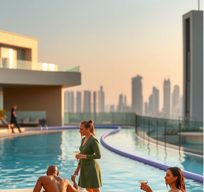 Elegant poolside scene at Aura Sky Pool showing luxurious daybeds with plush cushions, guests relaxing with signature cocktails, attentive staff providing premium service, golden afternoon sunlight, sophisticated ambiance with Dubai skyline in background