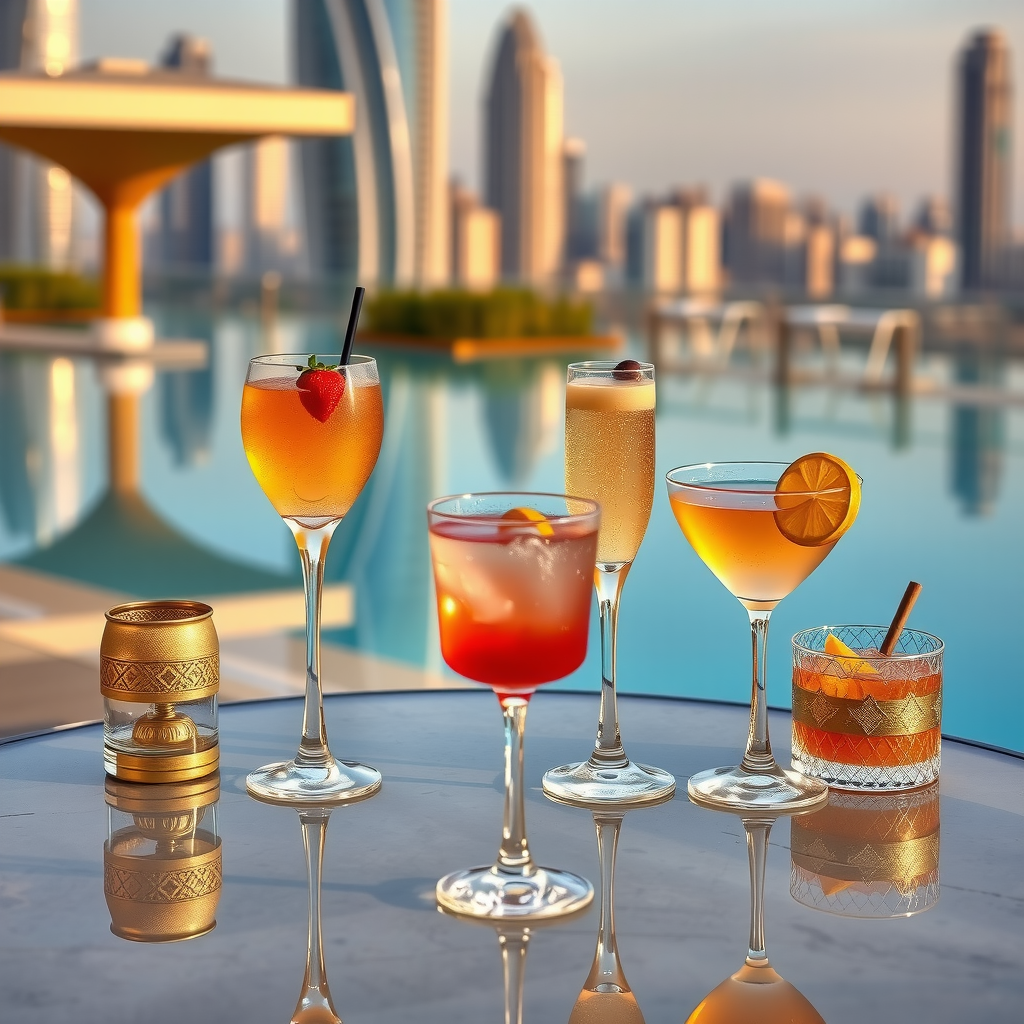 Elegant cocktails arranged on luxury poolside table at Aura Sky Pool, golden hour lighting, sophisticated glassware with garnishes, infinity pool and Dubai skyline blurred in background, champagne gold accents and premium presentation
