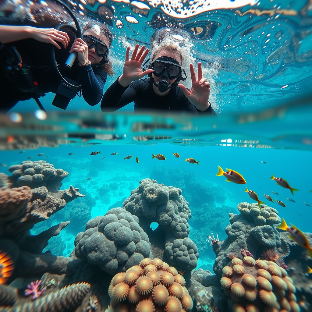 Marine biologists working on coral reef restoration in the Arabian Gulf, with underwater photography showing healthy coral formations and diverse marine life, representing Aura Sky Pool's conservation partnerships