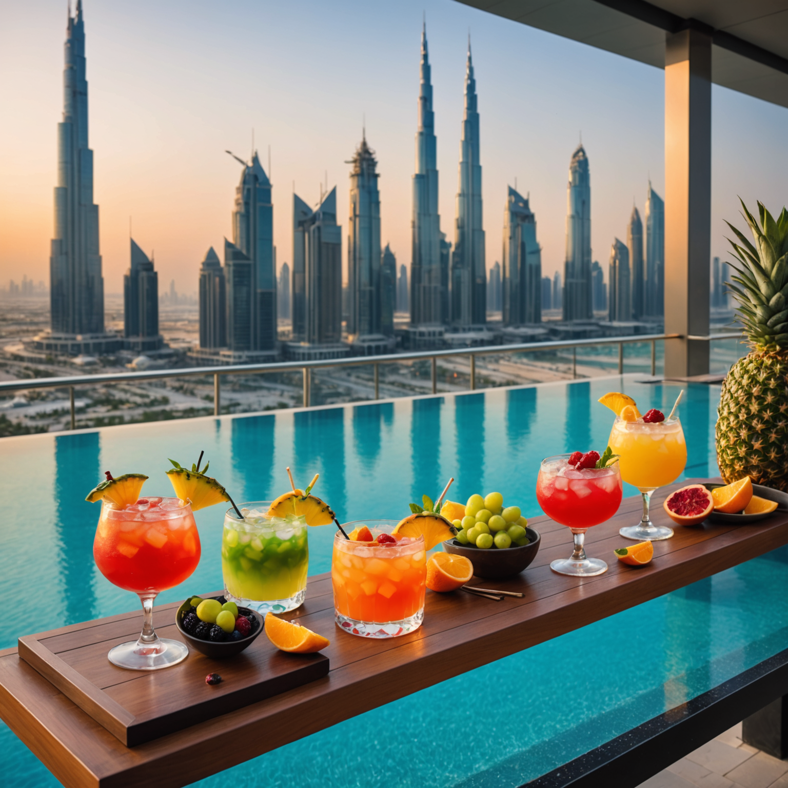 Elegant display of signature cocktails at Aura Sky Pool bar, colorful drinks with Dubai skyline garnishes, expert mixologist preparing drinks, fresh tropical fruits, premium spirits bottles, poolside dining setup with gourmet light bites