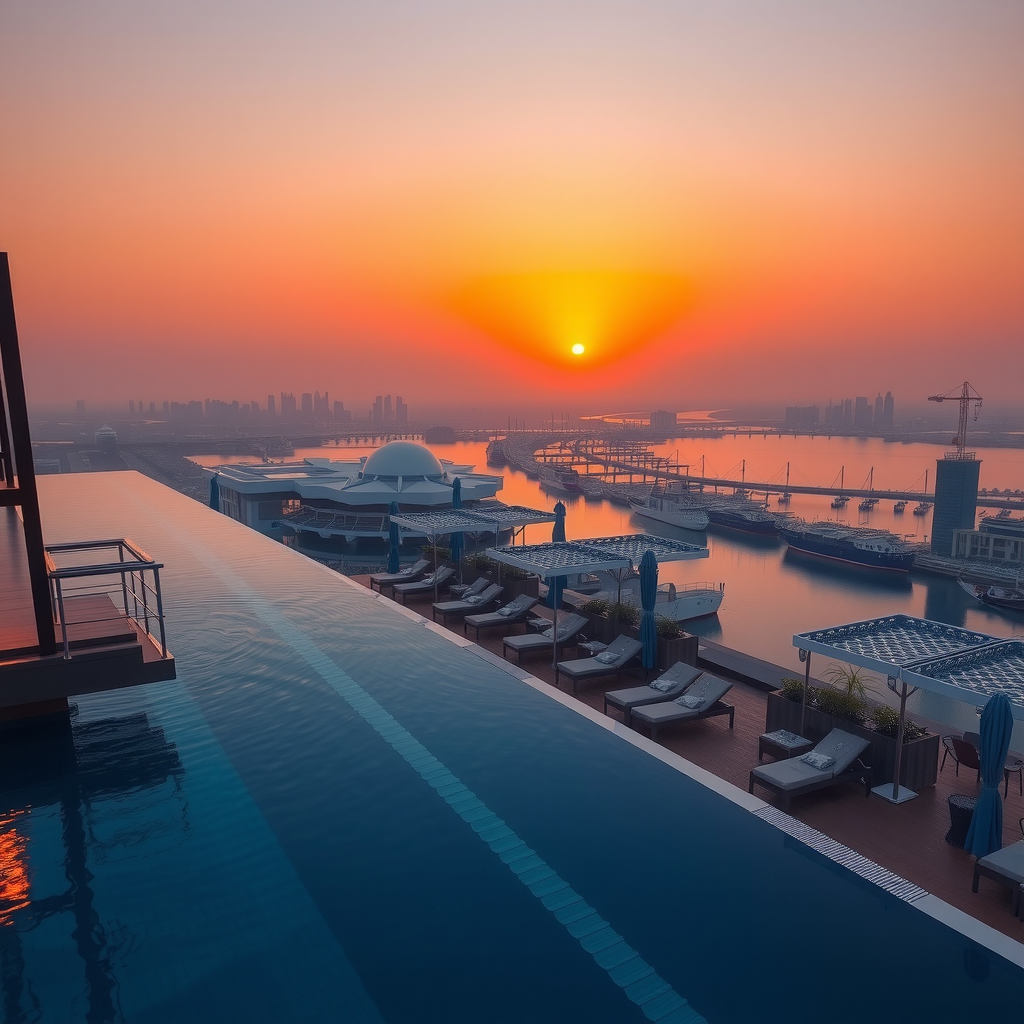 Stunning sunset view from Aura Sky Pool showing the infinity pool edge with golden-hour lighting reflecting off the water surface, silhouettes of guests relaxing on luxury loungers, and the Dubai skyline bathed in warm orange and pink hues as the sun sets over the Arabian Gulf