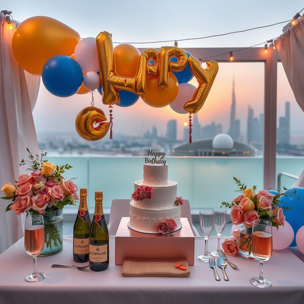 Elegant birthday celebration setup in private cabana with custom cake, champagne bottles, gold and blue balloon arrangements, rose decorations, and stunning Dubai skyline sunset view