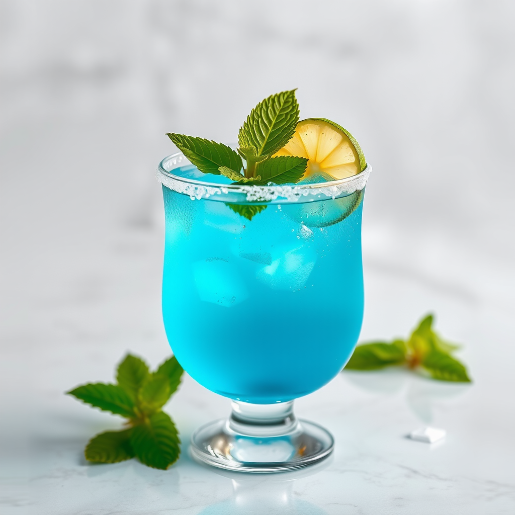 Arabian Gulf Breeze cocktail - turquoise blue drink in curved glass with mint leaves, lime wheel and sea salt rim, ocean-inspired presentation