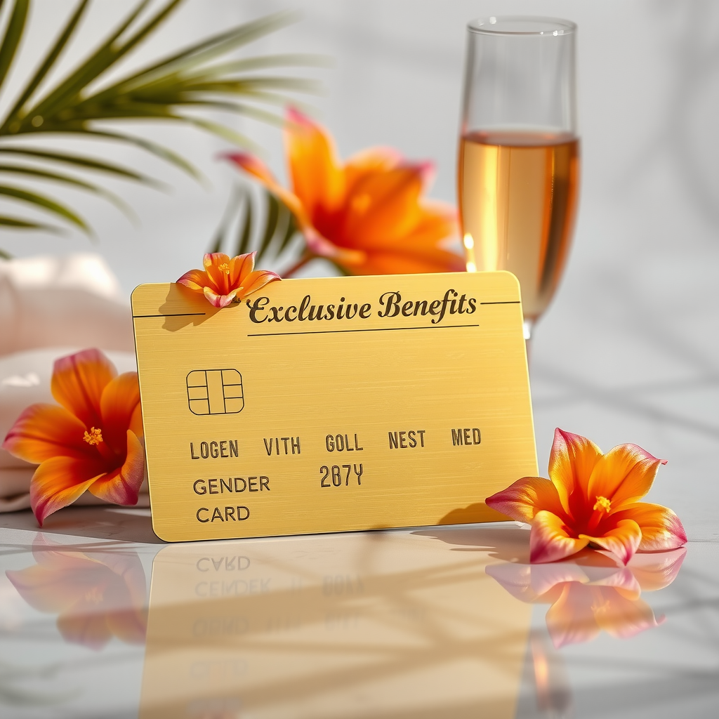 Elegant gold membership card with exclusive benefits displayed on luxurious surface with champagne glass and tropical flowers, representing renewal rewards