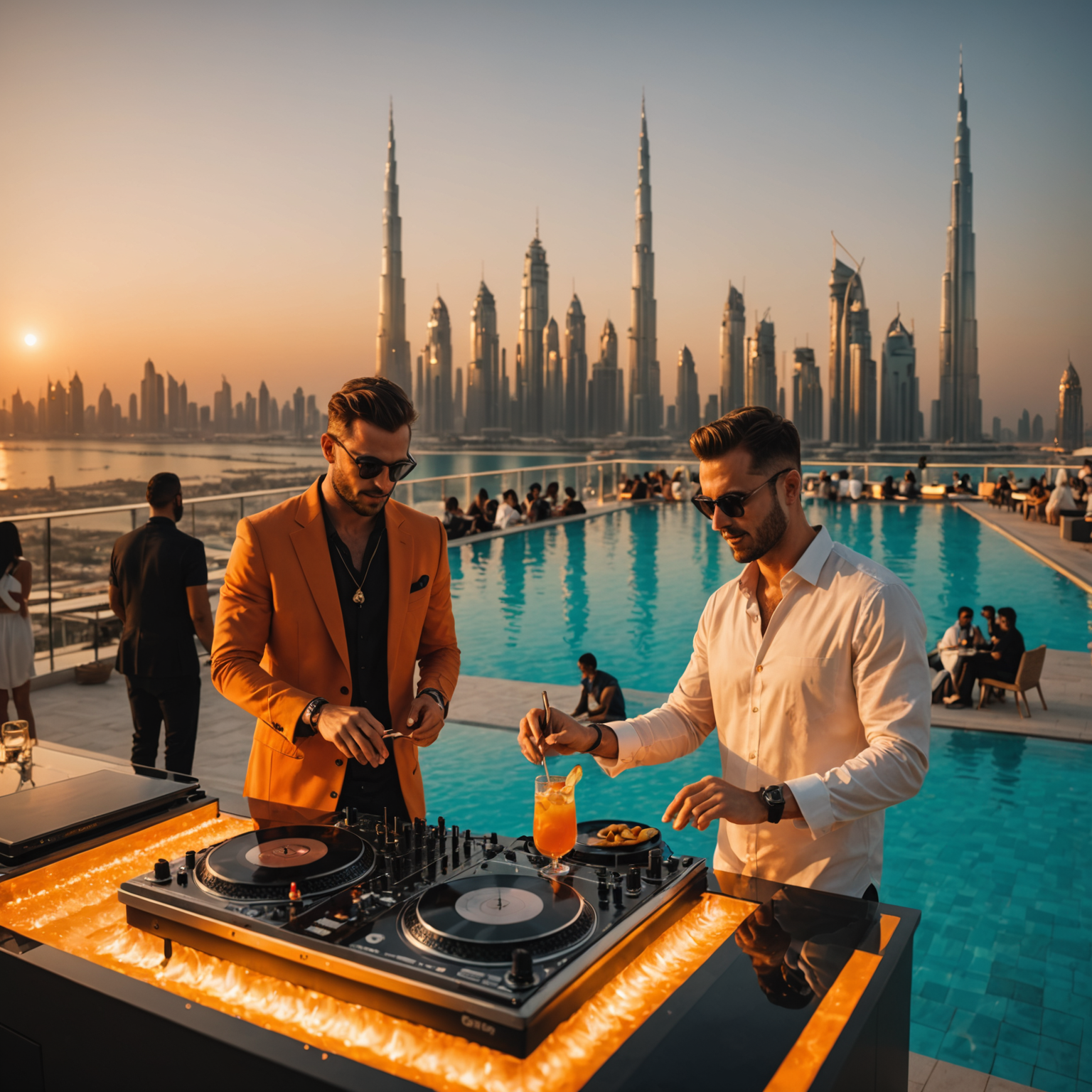 Live DJ performing at Aura Sky Pool during golden hour sunset with guests enjoying cocktails around the infinity pool and Dubai skyline glowing in warm orange light