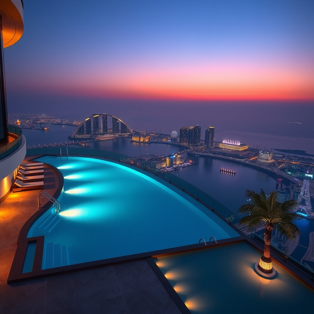 Breathtaking evening view from Aura Sky Pool showing the illuminated infinity swimming pool at dusk, Dubai skyline lights beginning to glow, Arabian Gulf waters reflecting twilight colors, elegant ambient lighting around pool area, sophisticated evening atmosphere