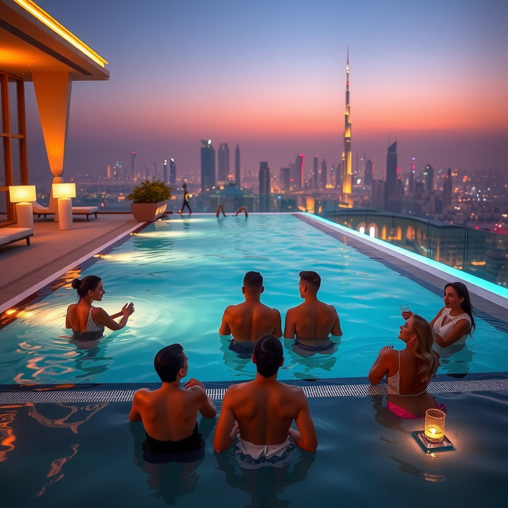Aura Sky Pool at dusk with warm ambient lighting, elegant guests in resort wear enjoying the infinity pool, Dubai skyline illuminated in background, sophisticated atmosphere with golden accents, luxury loungers and cabanas visible