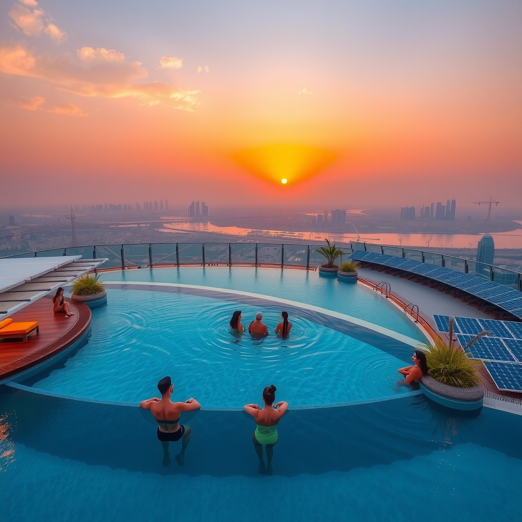 Panoramic sunset view from Aura Sky Pool showing the infinity pool with guests enjoying sustainable luxury amenities, Dubai skyline in the background, with visible solar panels and green architecture elements