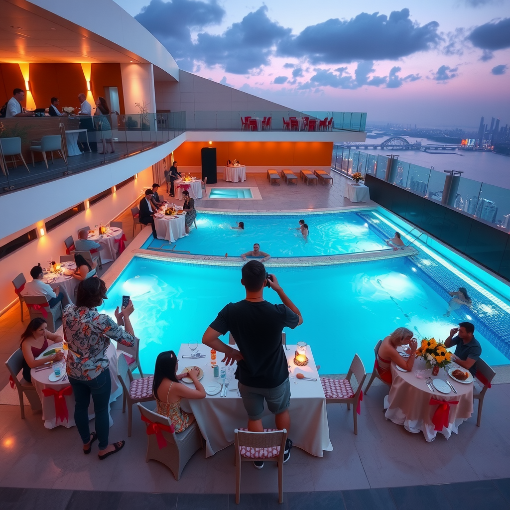 Exclusive private event at Aura Sky Pool, group celebration with decorated tables, birthday party setup, corporate gathering atmosphere, professional event coordinator, audio system, photographer capturing moments, guests enjoying infinity pool