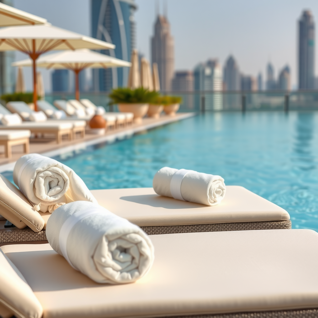 Close-up view of premium white sun loungers with plush cushions and rolled luxury towels arranged poolside at Aura Sky Pool, with the infinity pool's turquoise water and Dubai skyline visible in the background, showcasing the high-end comfort and attention to detail