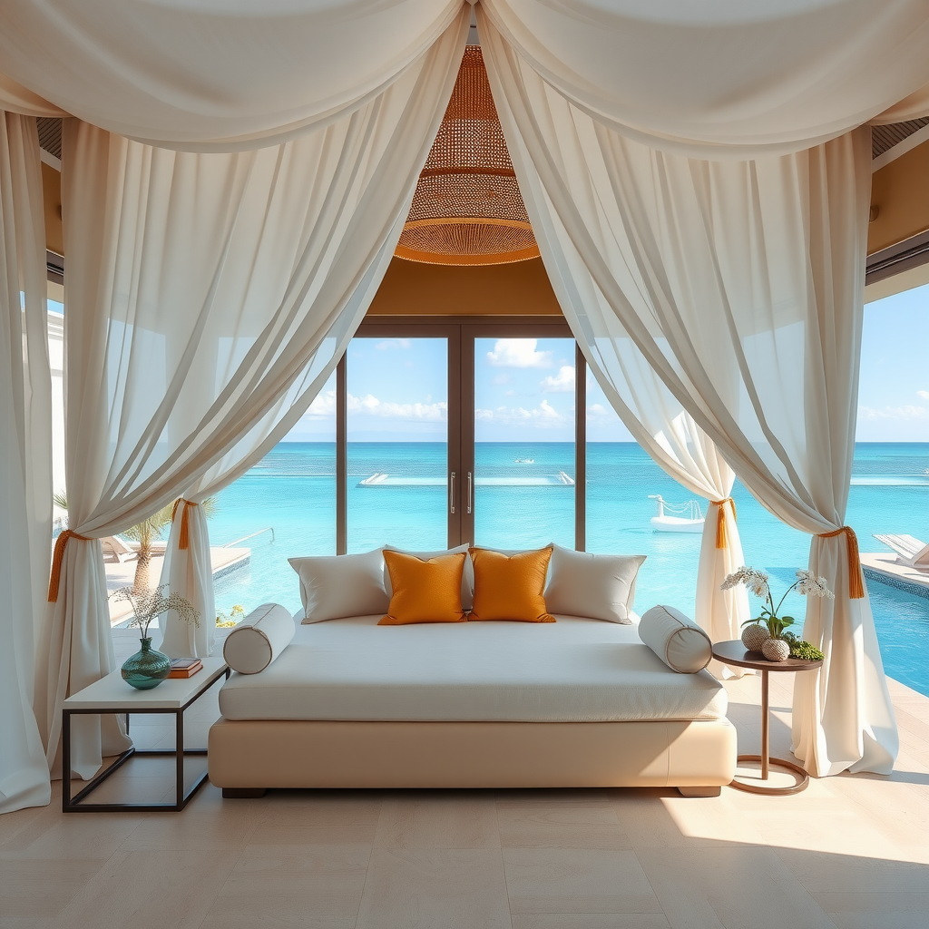 Luxurious cabana interior with white flowing curtains, plush cream-colored daybed with gold accent pillows, modern side tables, and panoramic floor-to-ceiling windows overlooking infinity pool