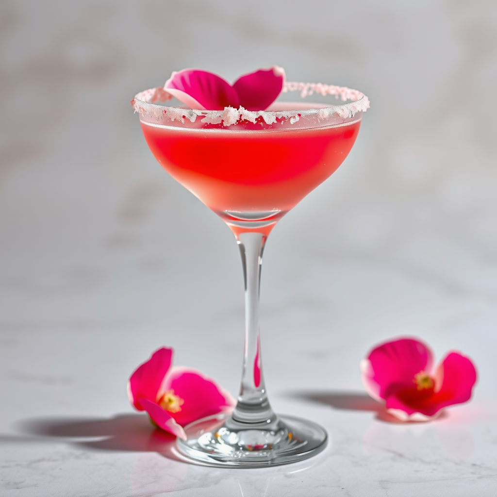 Desert Rose Martini - elegant pink cocktail in martini glass with rose petal garnish and sugar rim, sophisticated presentation with soft lighting