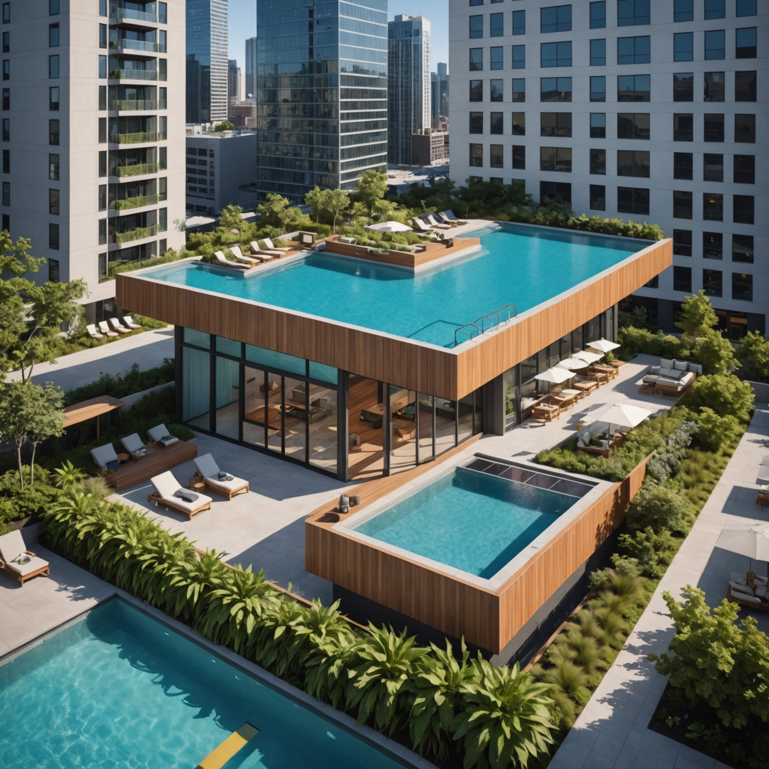 Aura Sky Pool showcasing sustainable features including solar panels on rooftop, biodegradable amenities display, reef-safe sunscreen station, and lush greenery with clear blue water and eco-conscious design elements