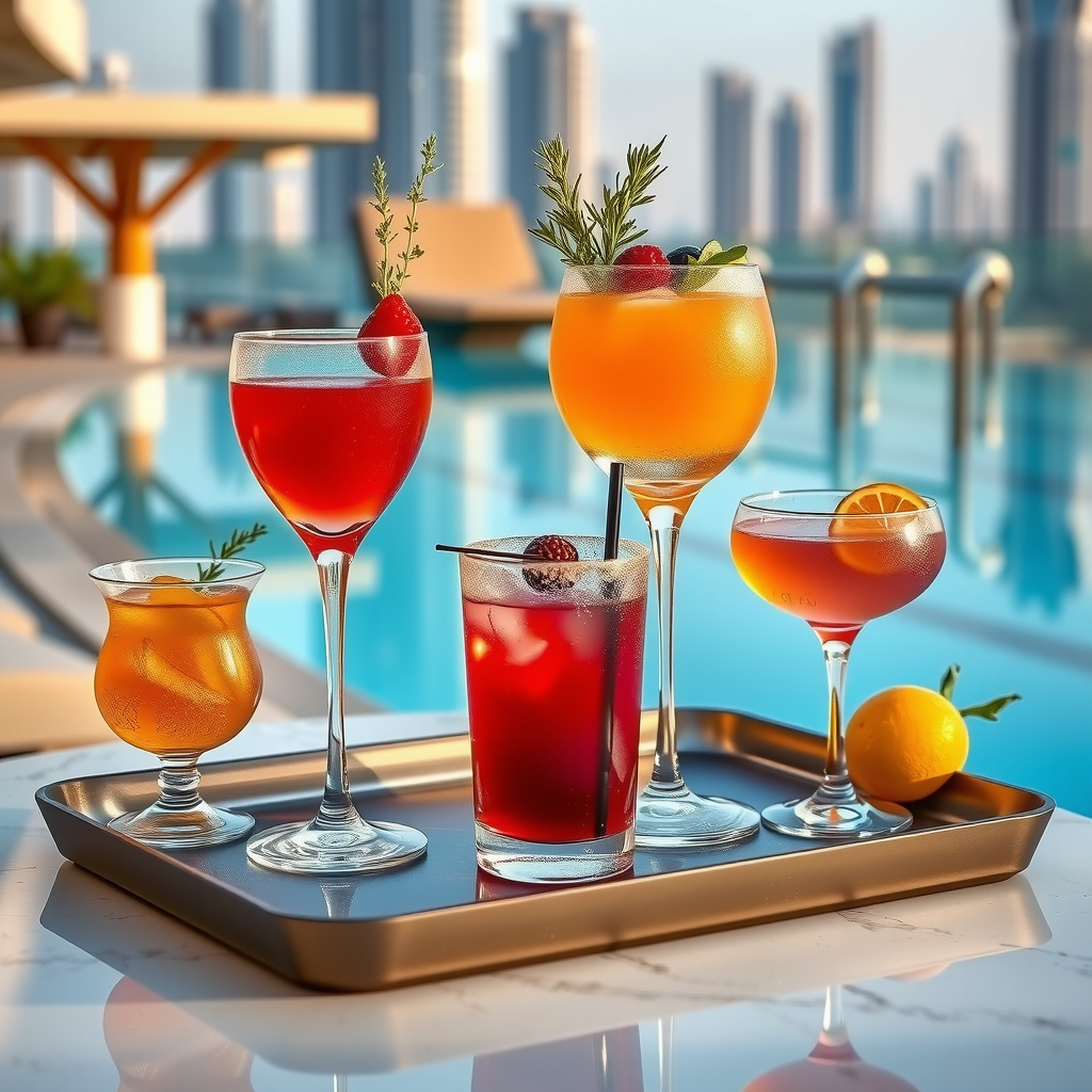 Elegant presentation of colorful signature cocktails in sophisticated glassware garnished with fresh fruit and herbs, served on a sleek tray at the poolside bar with the infinity pool and Dubai skyline creating a luxurious backdrop, capturing the premium beverage experience at Aura Sky Pool