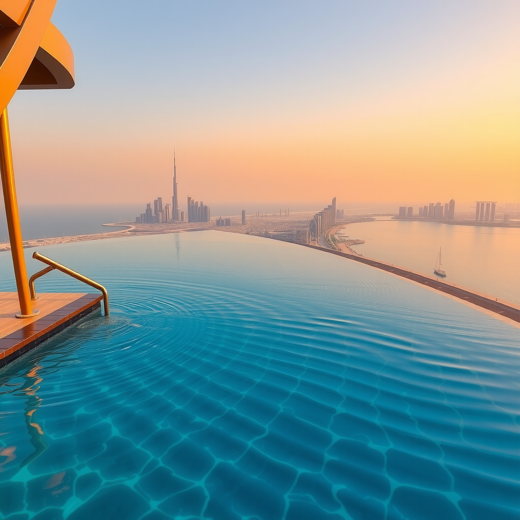 Stunning view from private cabana showing crystal-clear infinity pool edge merging with Dubai skyline, Arabian Gulf waters, and golden hour lighting reflecting on water surface