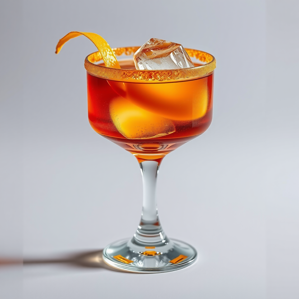 Golden Dunes Old Fashioned - amber whiskey cocktail in crystal rocks glass with large ice sphere, orange peel twist and gold sugar rim