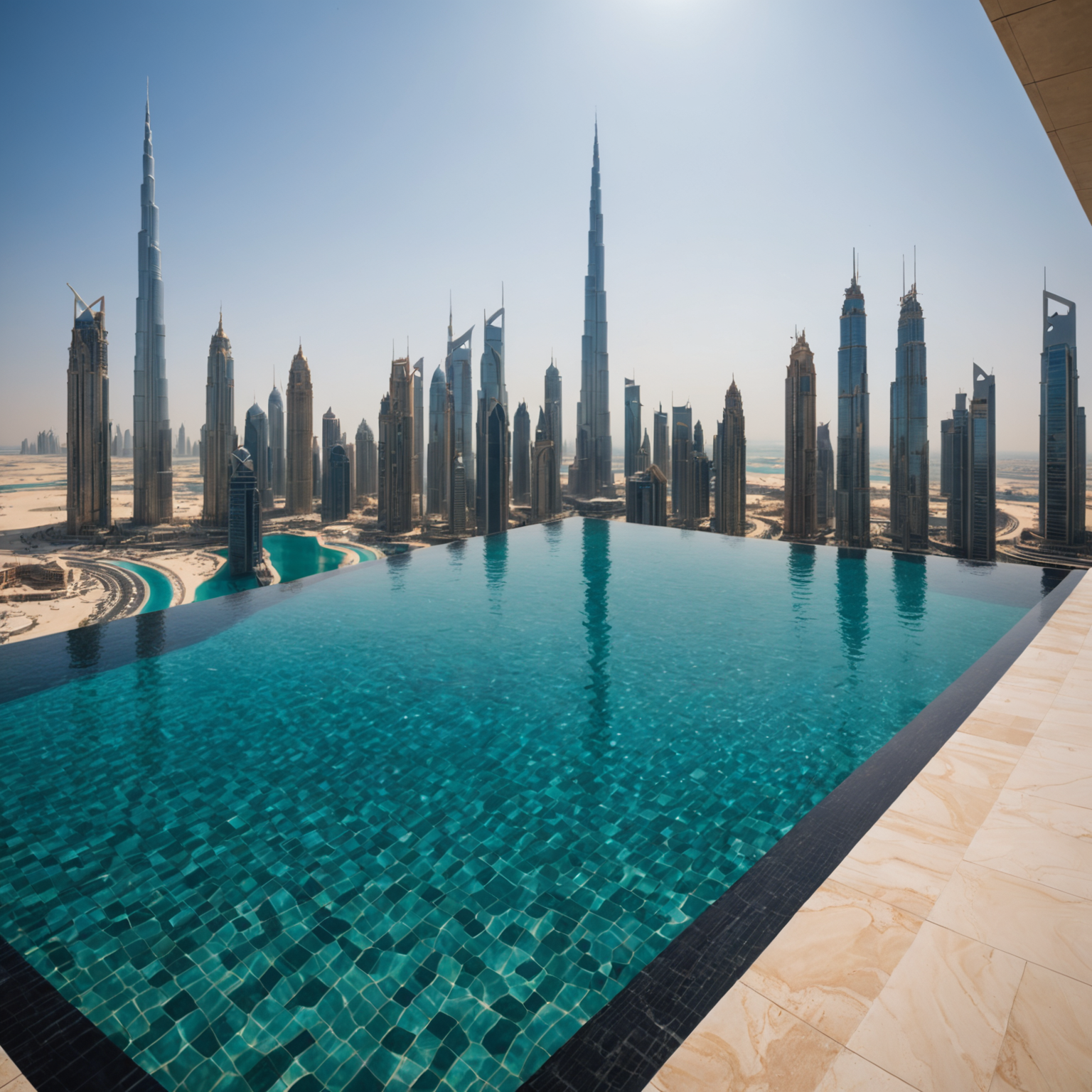 Artistic detail shot of the infinity pool edge where crystal-clear water meets the horizon, showing the seamless overflow design with Dubai's iconic skyscrapers and the Arabian Gulf creating a stunning backdrop, emphasizing the architectural beauty and engineering excellence of the 360-degree infinity swimming pool