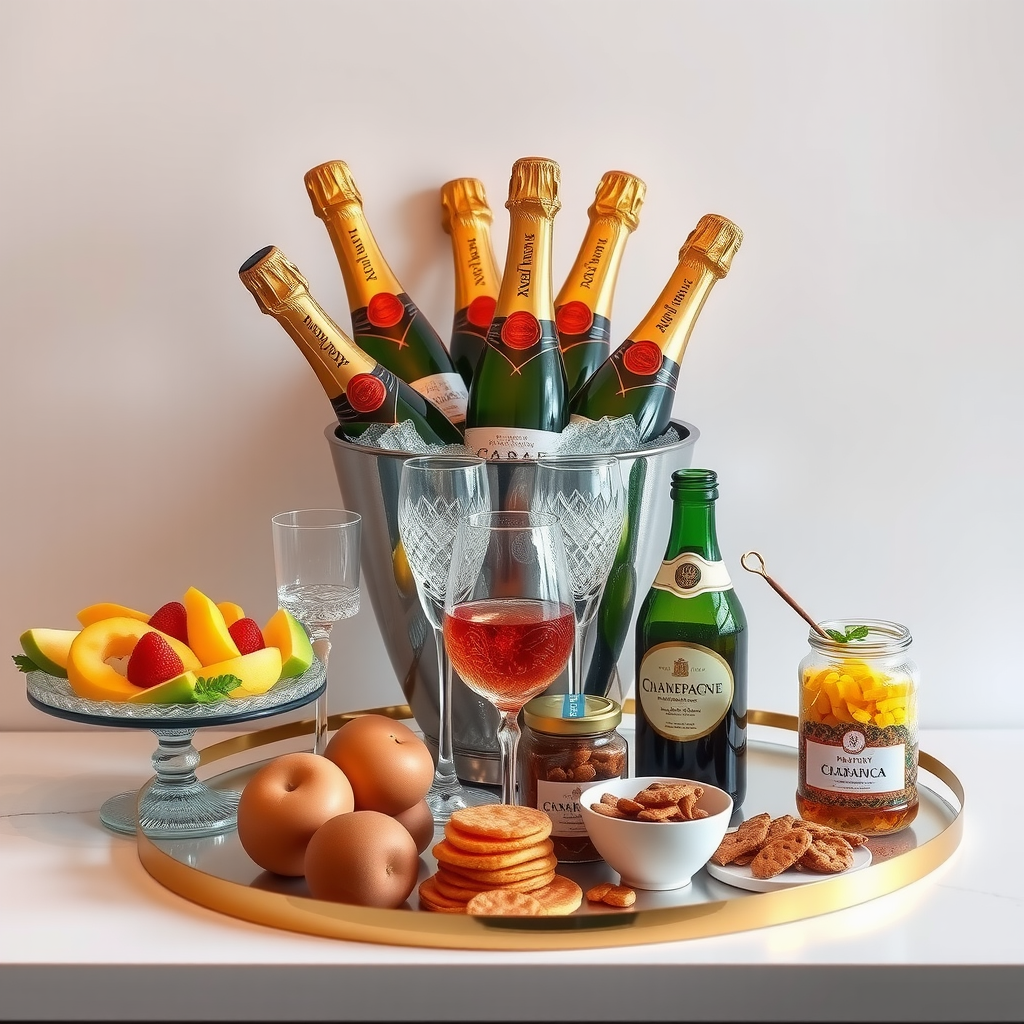 Elegant minibar display with premium champagne bottles in ice bucket, crystal glassware, fresh fruit platter, gourmet snacks, and gold-accented serving trays