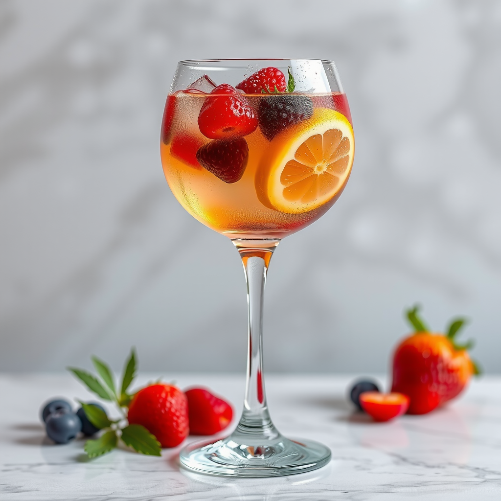 Skyline Spritz - sparkling prosecco cocktail in wine glass with fresh berries, herbs and citrus, effervescent bubbles visible