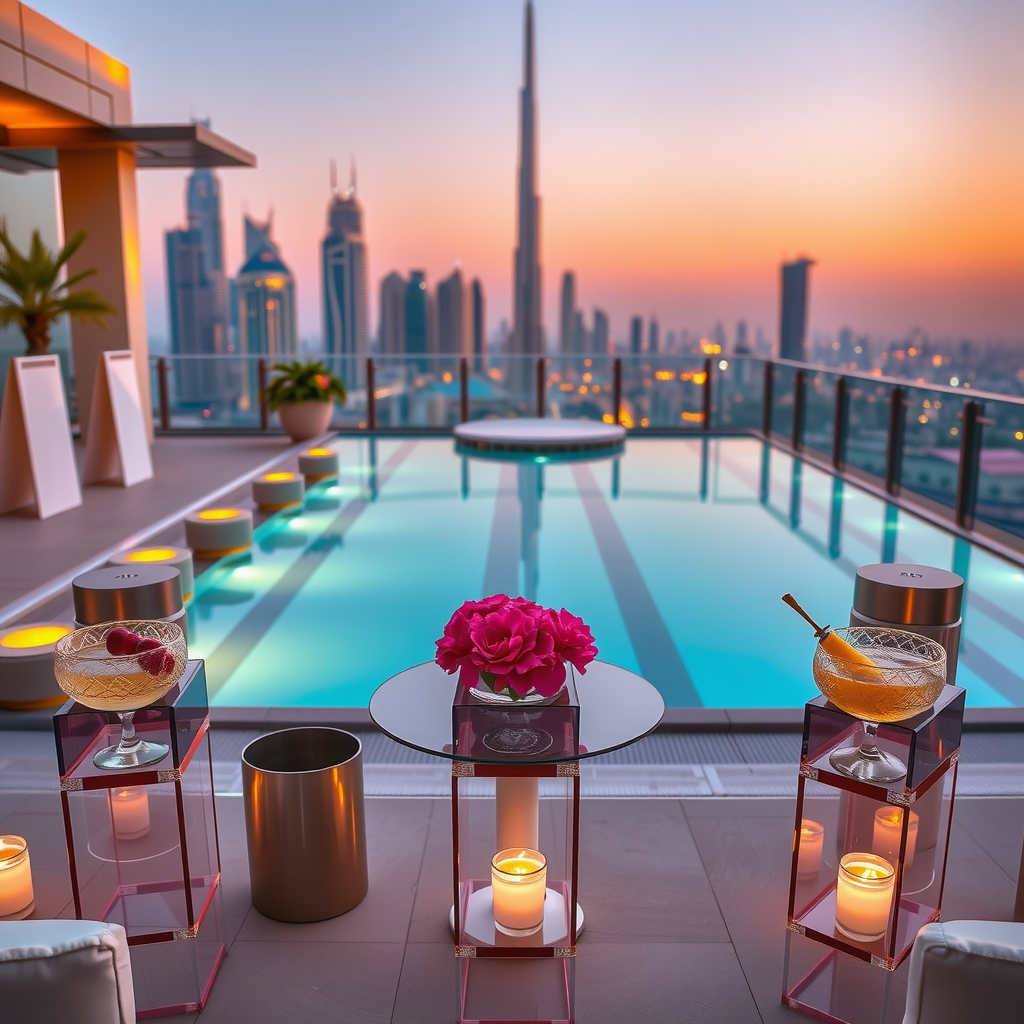 Elegant corporate event setup at Aura Sky Pool with branded decorations, cocktail tables, and Dubai skyline at golden hour