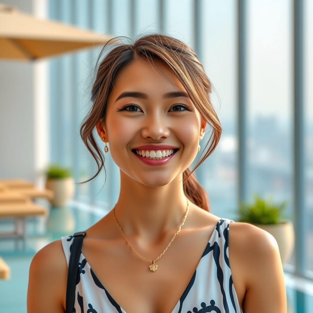 Professional headshot of Sarah Chen, a satisfied guest at Aura Sky Pool, smiling warmly at the camera
